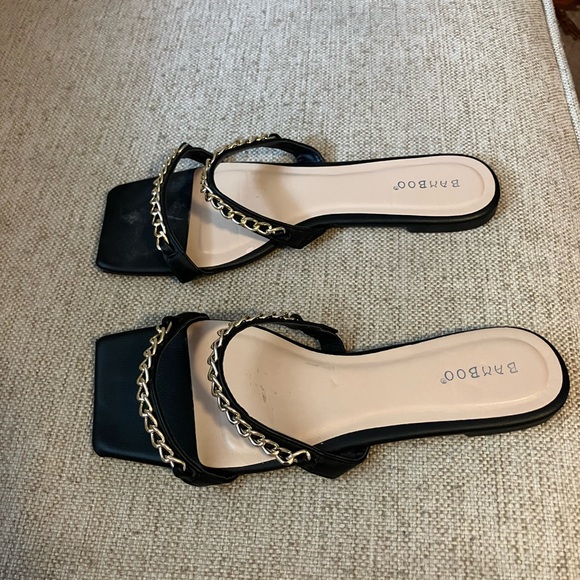 BAMBOO Shoes - Black square toe sandals with chain accents